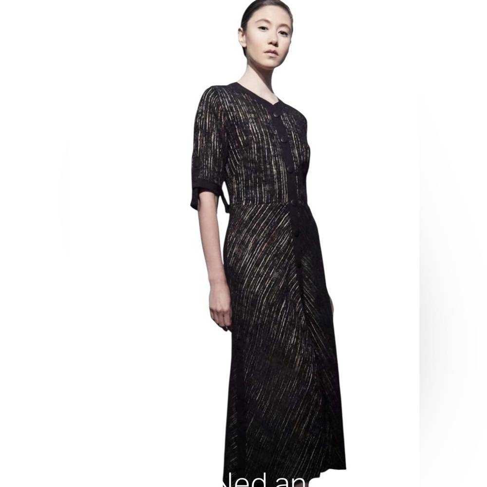 Hanh Merrima Black vertical striped pattern dark colors Button-Down Dress size 8 - Picture 3 of 15
